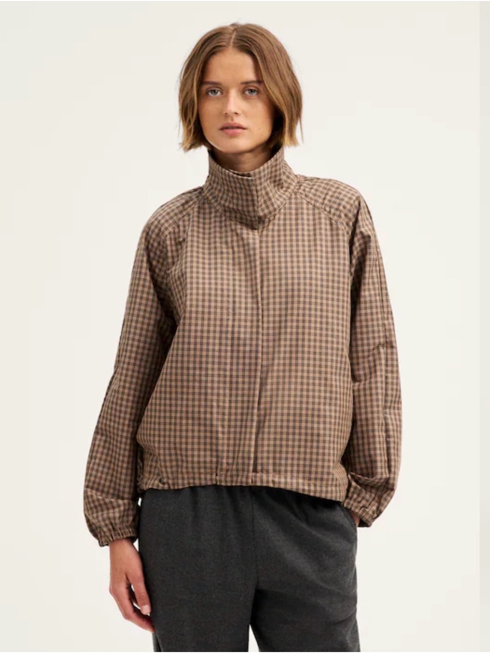NWT Madewell Funnel-Neck Windbreaker Jacket in Brown Black Check